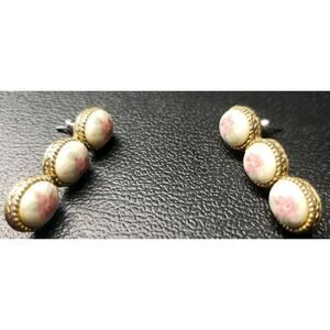 Vintage Style Gold Tone White Pink Floral Cameo Look Oval Stud Earrings Costume